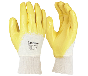 GLOVE NITRILE DIPPED - YELLOW -MED - KNITTED WRIST ( PREM QUAL)